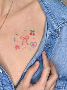 1入組臨時紋身貼紙，可愛多彩跳躍的弓帶，魚和櫻桃設計，防水防汗，一次性使用