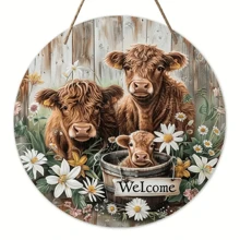 1入組圓形木製歡迎牌，迷人的牛歡迎標誌-木製農舍前門裝飾，完美的家居和咖啡廳裝飾，是送給朋友的理想禮物，尺寸為8*8英吋 - 多色2 - 查看 1