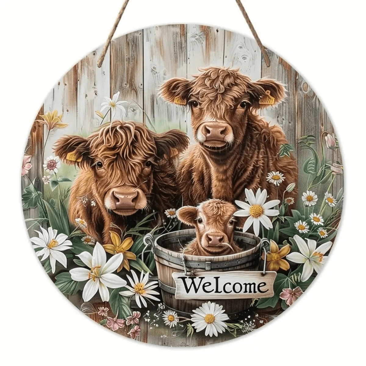 1入組圓形木製歡迎牌，迷人的牛歡迎標誌-木製農舍前門裝飾，完美的家居和咖啡廳裝飾，是送給朋友的理想禮物，尺寸為8*8英吋 - 多色2 - 查看 1