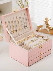 1個新款首飾盒帶鎖耳環收納盒大容量珍珠首飾盒，適用於耳環、戒指、手鐲和項鏈收納，帶抽屜，適用於高端耳環、手鐲和項鏈，帶鎖和鑰匙，是母親、女友、紀念日和情人節的完美禮物