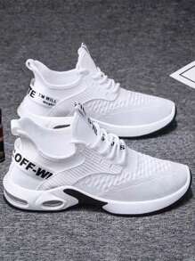 Zapatillas deportivas de moda para hombre de color sólido, ligeras y transpirables de malla de tela, talón suave y cómodo para proporcionar estabilidad, diseño de suela elástica antideslizante de alta amortiguación para una mejor protección de los pies, adecuadas para caminar, deportes al aire libre, correr, hacer ejercicio, fitness, fiesta, fiesta, uso diario. - Blanco - Ver 4