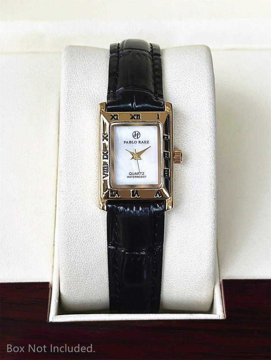 Pablo Raez 1 件 18K 金手表复古女士正装手表不锈钢 IPG 矩形方形表壳优雅全新设计石英复古女士手表时尚白色外壳高品质女士流行腕表舒适黑色超细纤维皮革 50 米防水柔软透气表带休闲青少年女孩可爱手表送给朋友或家人的精美礼物适合日常生活/工作/派对装饰