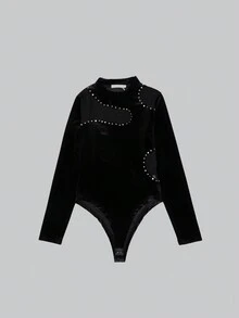 Body fashion de manga larga para mujer unicolor con remache - Negro - Ver 8