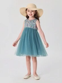 MARC&JANIE Young Girl French Countryside Style Floral Mesh Splice Sleeveless Dress, Summer