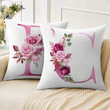 1入組A~Z字母花朵印花枕套，現代風格聚酯纖維方形柔軟靠墊套，不含枕芯靠背套腰靠墊枕套，適用於紀念日、聚會、名字、沙發、臥室、客廳家居裝飾