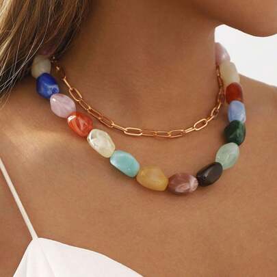 Mydear 2pcs Creative Double-Layered Geometric Resin Chain Necklace Set With Imitation Stones, Perfect For Women's Daily Wear In Summer