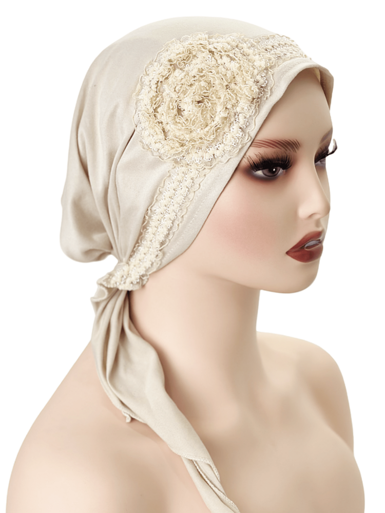 1pc Ladies' Milk Silk Flower Lace Cap Handmade Floral Fashion Headscarf Cap Headscarf Daily Dustproof Hair Protection Cap, Sleep Cap Valentine's Day - Beige - View 5