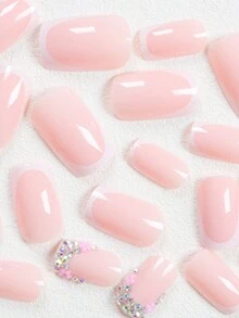 24PCS Hình vuông vừa màu trắng kiểu Pháp 3D ba chiều màu hồng nhỏ Rhinestone đầy màu sắc Flash Rhinestone giả móng tay kiểu Pháp (kèm 1 giũa 1 keo thạch) Thích hợp cho phụ nữ hàng ngày và tiệc cưới Nhấn vào móng tay Phụ kiện làm móng - Nhiều màu - Xem 3