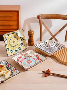 1pc/2pcs 7-Inch Ceramic Plates, Party/Event Tableware, Dumplings Plate, Hotel Restaurant Home Decor, Nordic Modern Creative Colorful Printed Square Plate With Sauce Dish, Snack Plate, Multi-Color Square Plate, Flower Plate - Multicolor - View 6