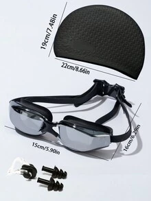 1套成人電鍍游泳鏡，高清防霧水鏡，鼻夾，耳塞和游泳帽等附件，適用於訓練，游泳池和沙灘