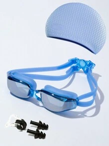 1套成人電鍍游泳鏡，高清防霧水鏡，鼻夾，耳塞和游泳帽等附件，適用於訓練，游泳池和沙灘