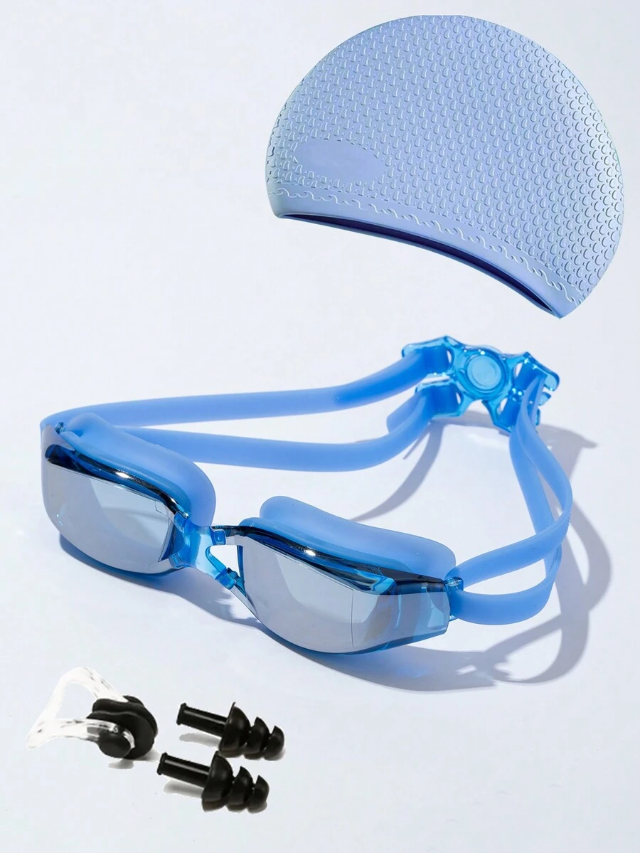 1套成人電鍍游泳鏡，高清防霧水鏡，鼻夾，耳塞和游泳帽等附件，適用於訓練，游泳池和沙灘