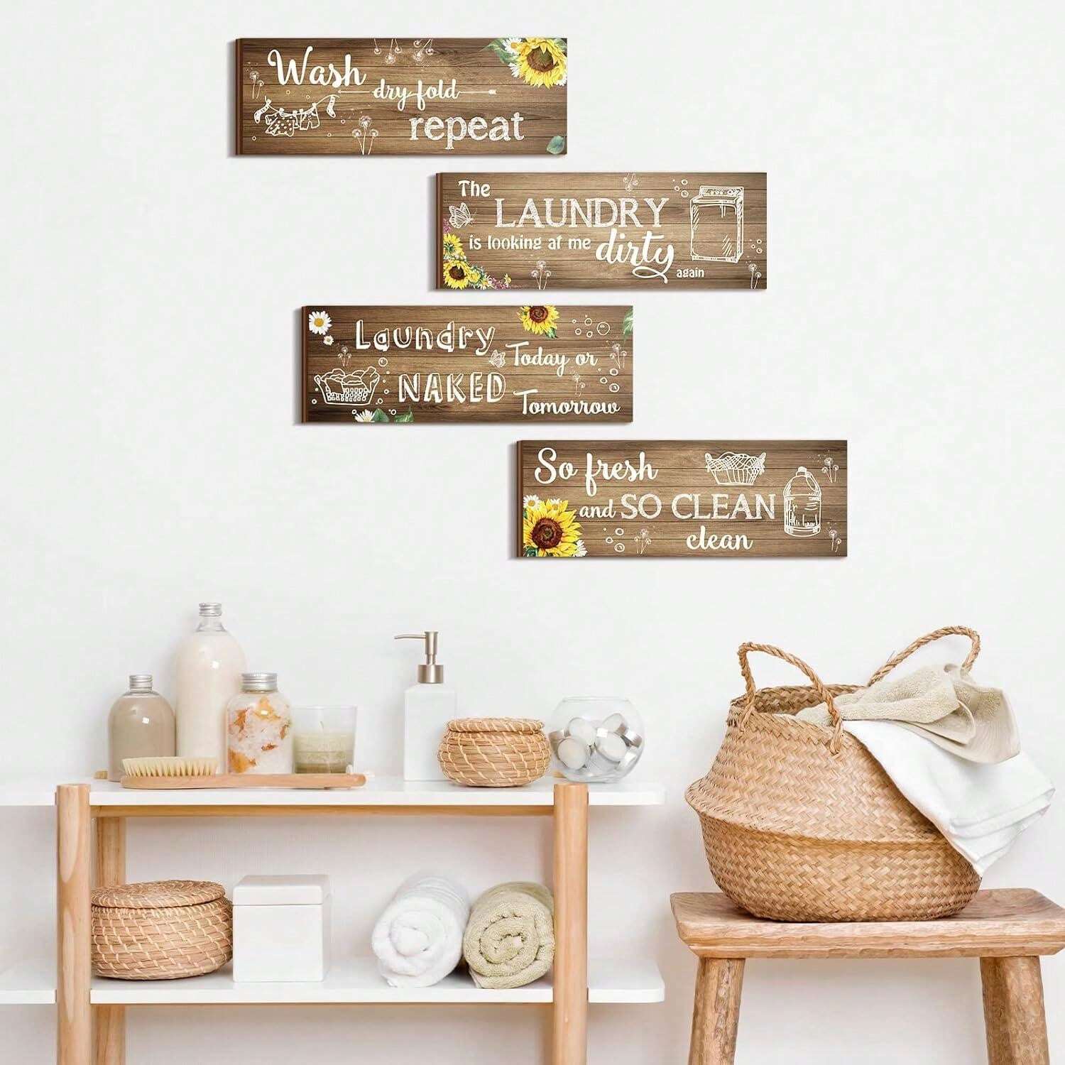 4 Pcs Sunflower Laundry Wall Decor Rustic Vintage Butterfly Laundry Room Wall Sign Wash Dry Fold ...