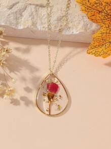 1pc Exquise handgemaakte hars gedroogde bloemen hanger ketting, waterdruppelvorm, 12 maanden geboorte bloemenontwerp inclusief roos, pioenroos, flox, zwaluw en narcis. Bloemen accessoires geschikt voor dagelijks gebruik en als cadeau. Valentijnsdag, moeder, moeder, Moederdag, cadeau