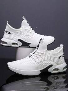 Zapatillas deportivas de moda para hombre de color sólido, ligeras y transpirables de malla de tela, talón suave y cómodo para proporcionar estabilidad, diseño de suela elástica antideslizante de alta amortiguación para una mejor protección de los pies, adecuadas para caminar, deportes al aire libre, correr, hacer ejercicio, fitness, fiesta, fiesta, uso diario. - Blanco - Ver 3