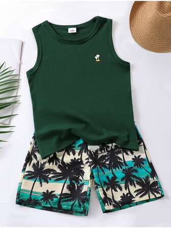 Casual Two Pieces Set: Tween Boy Tree Print Sleeveless T-Shirt And Elastic Waist Hawaiian Shorts For Summer
