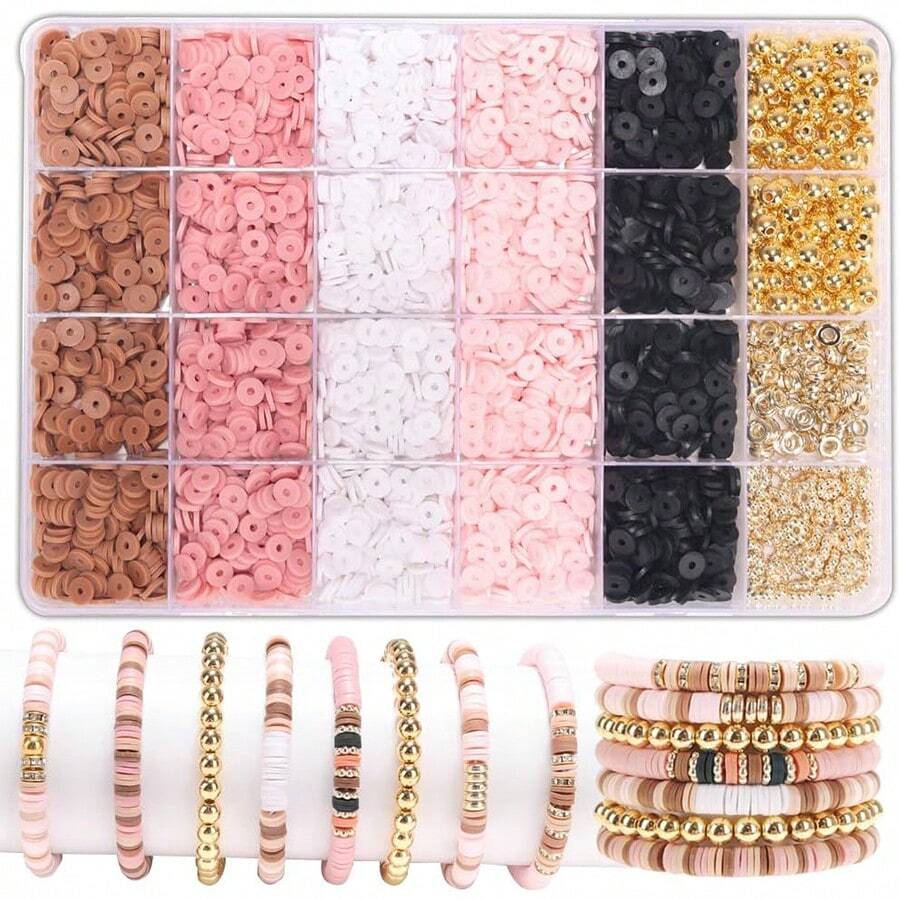 Kit DIY para hacer brazaletes con cuentas de cerámica blanda en estilo universitario, con 24 compartimentos y 5 colores diferentes, incluye hilo elástico de cristal y cuentas espaciadoras doradas - Multicolor - Ver 1