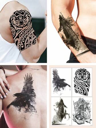 4 piezas de tatuajes temporales impermeables con diseños de águila, león, guerrero romano, muerte y toro para hombres