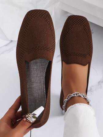 Kvinnors stickade platta loafers i mesh, bekväma och ventilerande fritidsskor, bruna
