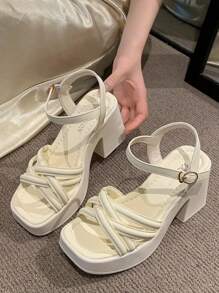 2026新款夏季时尚休闲百搭女鞋厚底坡跟高跟凉鞋 - 米色 - 查看 3