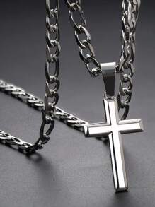 Cross Necklace For Men Women 5mm Strong Diamond-Cut Stainless Steel Figaro Link Chain  Pendant Necklace Beveled Edge Cross Chain Necklace Jewelry 18-22 Inches