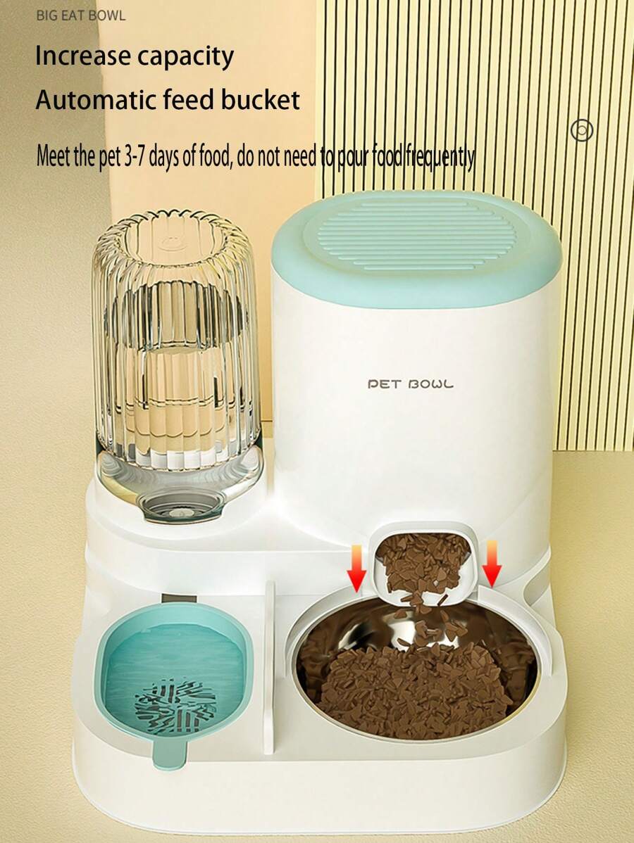 2 In 1 Pet Automatic Food Container & Water Dispenser Set, Integrated Feeding & Drinking Station, With Elevated Feeding Bowl, For Cats And Dogs