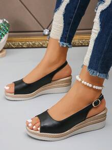 Women's Thick Sole Wedge Sandals, Outdoor Vacation Style Beach Gold Fashion Versatile Open Toe High Heel Sandals - Black - View 4