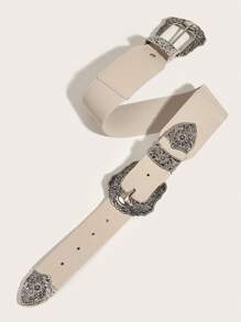 1pc Women's Western Cowgirl Style Stretchable Double Buckle Waist Belt, Suitable For Daily Wear Halloween Summer, School Fall, Autumn, Halloween - Apricot - View 2