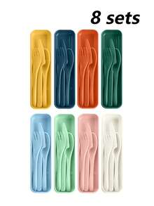 4/8入組可重複使用的塑膠餐具套裝，附贈收納盒，適合學校、工作和戶外露營使用