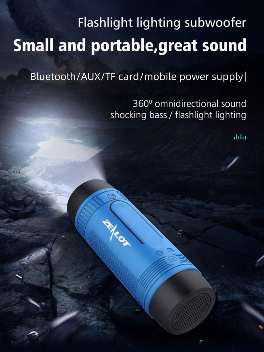 Zealot S1 隨身攜帶式無線照明喇叭，相容於支持 TF 卡/音訊線連接的播放設備，IPX5 防水等級，內置 1800mAh 行動電源，適用於手機藍牙無線連接，長效待機並可免提通話，適用於戶外自駕、家庭、派對等場合。