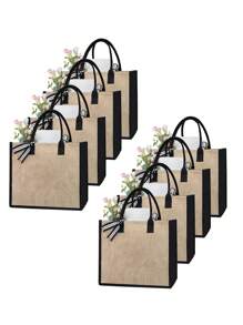 1/2/4/6/8入組黑卡其色拼接亞麻手提袋，可DIY設計激發創意，簡潔優雅，個性化的伴娘禮物袋，化妝包，旅行簡易收納袋，實色化妝品錢包，大容量旅行化妝包：促使戶外美女完美搭配！適用於婚禮，生日，海灘和假期，是家人和朋友的最佳派對紀念品。這個大袋子適合學生，返校和教師使用，是一個帶有新穎設計和大容量的可攜式休閒收納手提袋，是理想的購物袋。適合男女、情侶、日常使用、約會、生日、假期、開學、夏季、度假、海灘、旅行、通勤、商務、學生、野餐、露營、超市、日常收納（與圍巾一起）