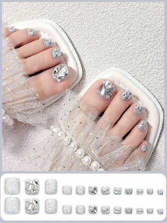 24 Pieces Press-On Adhesive Fake Toe Nails, Square Fake Nail Stickers, Silver Glitter Nails, White Rhinestone Full Drill Nail Art Stickers, Wearable Half Nail For Press On Nail Tips, Full Coverage Shiny Daily Fake Nails, Ladies Reusable, Easy To Wear And Remove, With Jelly Glue And Nail File Diy Nails, Suitable For Party, Dance Etc., Glossy Full Coverage Daily Wear Fake Nails Reusable And Easy To Wear And Remove For Women. Nail Supplies Nails