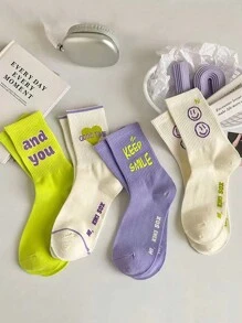 3pairs/Pack Random Color & Design Women's Socks, Spring/Summer New Arrival Mid-Calf Socks, Sports Socks, Comfortable & Breathable