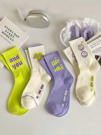 3pairs/Pack Random Color & Design Women's Socks, Spring/Summer New Arrival Mid-Calf Socks, Sports Socks, Comfortable & Breathable