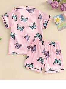 Young Girl Pajamas Set Short Sleeve Button Down Pajama Shirt Top+Shorts Bottoms Sleepwear - Pink - View 2