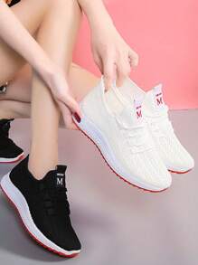 Zapatillas deportivas de moda para mujer en colores sólidos, ligeras y transpirables de malla, suaves y cómodas, adecuadas para caminar, ir de fiesta, practicar deportes al aire libre, correr, hacer ejercicio, ir de compras, jugar al tenis o llevar a diario. - Blanco - Ver 3