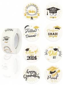 500pcs/Roll 2.5cm Graduation Season Stickers, Graduation Season Graduation Hat Festival Celebration Round Adhesive Sticker Label Sealing Sticker, 2024 Graduation Party Gift Bag Label Decoration - White - View 1