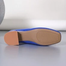 Loafers Quadrados de Bico Largo com Salto Grosso, Macio de Cor Sólida Novo e Versátil em Estilo Britânico e Confortável para Usar - Azul - Ver 6