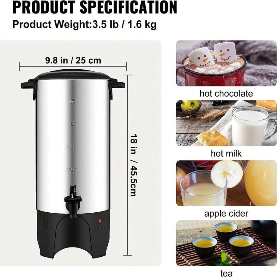 Commercial Coffee Urn 50Cups/7.5qt, Large Coffee Dispenser Stainless Steel, 1000W Electric