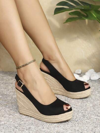 Wedge Sandals With Peep Toe, Waterproof Platform, Thick Woven Jute Sole, Casual & Fashionable Fisherman Sandals For Women