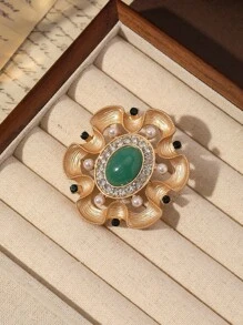 Yuan Shuo 1pc Baroque Style Alloy Brooch With Gemstone And Faux Pearl Decor - Gold - View 13