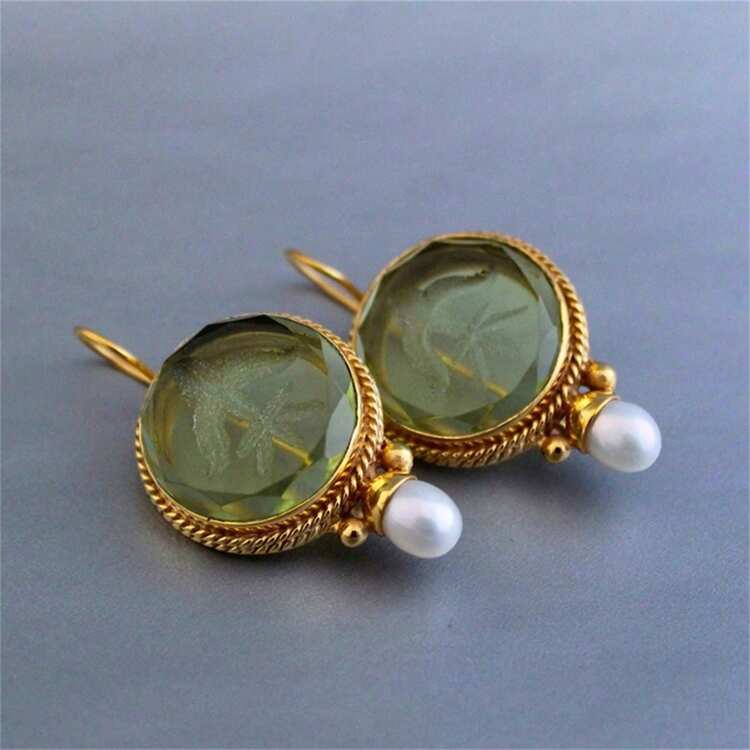 Brincos Vintage Intaglio Verde, brincos redondos com pingente de pérola para jóias femininas - Verde - Visão 2
