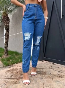 Women Jeans - 深色水洗藍 - 查看 1