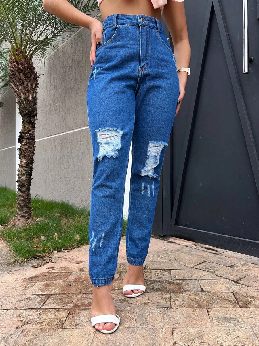 Women Jeans - 深色水洗藍 - 查看 1