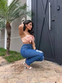 Women Jeans - 深色水洗藍 - 查看 4