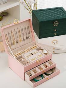 1個新款首飾盒帶鎖耳環收納盒大容量珍珠首飾盒，適用於耳環、戒指、手鐲和項鏈收納，帶抽屜，適用於高端耳環、手鐲和項鏈，帶鎖和鑰匙，是母親、女友、紀念日和情人節的完美禮物