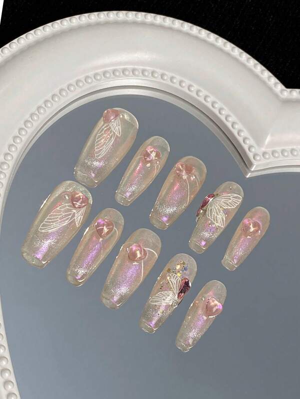 10 pièces Ensemble d'art d'ongle de Cupidon ailé rose, ongles faux longs fabriqués à la main pour anniversaire, fête, danse et fournitures d'ongle pressées pour un usage quotidien