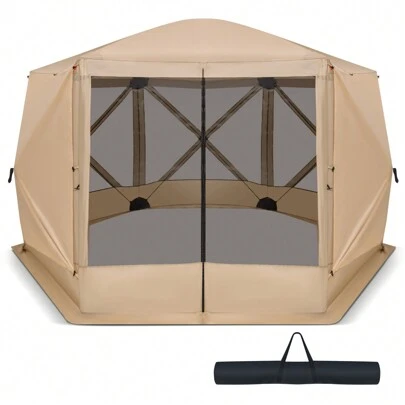 (Brown)346 X 305 Cm Pop-Up Screen House Tent, 6-Sided Camping Gazebo Instant Setup Hub Tent With Portable Carrying Bag, Mosquito Netting, Outdoor Sun Shelter Screened Canopy For Backyard Camping