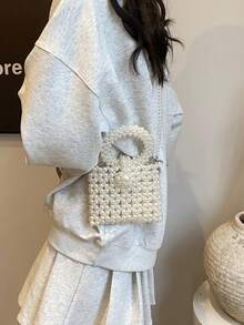 迷你時尚串珠斜挎包，優雅珍珠肩包，女式時尚手提包 - 白色 - 查看 5