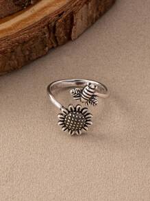 1pc Vintage Bohemian Style Petite Rose Flower Cutout Sunflower Open Ring Adjustable Size Valentines,Mom,Mother,Mother's Day,Gift